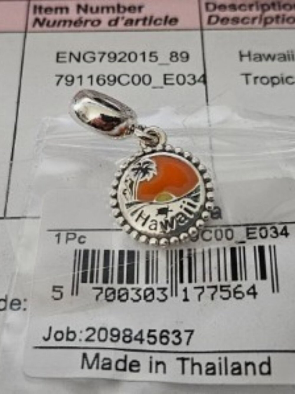 AUTHENTIC PANDORA STERLING SILVER TROPICAL HAWAII DANGLE CHARM 791169C00_E034
